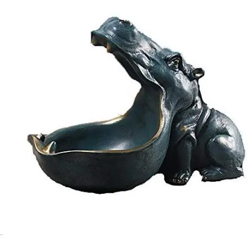 Hippopotamus Storage Boxes Statues Crafts Hippo Ornament Figurines Desktop Decoration Home Accessories Gift Porch Remote Control Storage Resin Sculpture (Retro Blue)