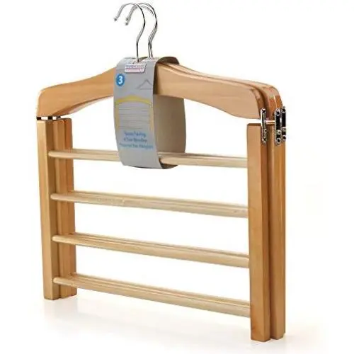 HANGERWORLD 3 Wooden 4 Tier Non Slip Inlaid Grip Space Saving Pants Bar Clothes Organizer Coat Garment Hangers HANGERWORLD 3 Wooden 4 Tier Non Slip Inlaid Grip Space Saving Pants Bar Clothes Organizer Coat Garment Hangers