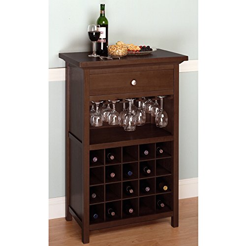 Wooden Wine Cabinet with 20 Bottle Capacity, Wine Rack, Glass Hangers, Storage Drawer, Practical Furniture, Transitional Style, Perfect for Dining Room, Restaurant, Walnut Finish + Expert Guide