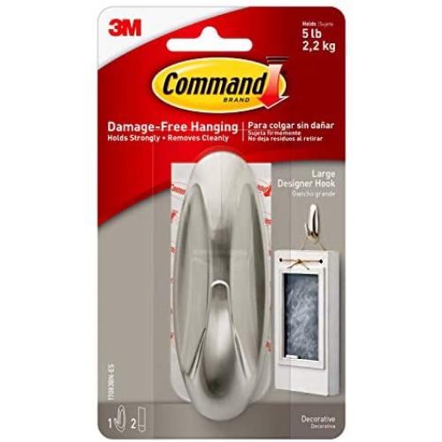 Command Large Designer Hook, Brushed Nickel, 1-Hook, 2-Strips, Decorate Damage-Free