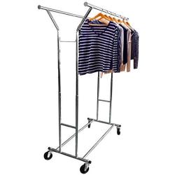 Wichai Shop Double Rail Garment Rack Commercial Rolling Hanger Clothing Grade Collapsible Cloth Heavy Duty Adjustable