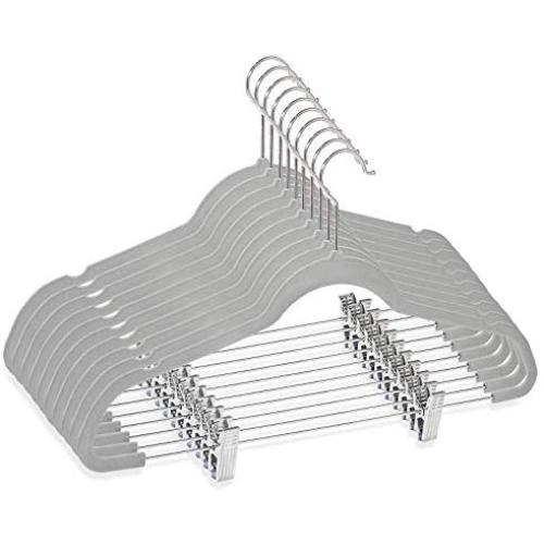 Casafield - 10 Gray Velvet Non-Slip Pants Hangers with Adjustable Metal Clips - Space Saving & Chrome Swivel Hook for Dress Clothes, Trousers, Shirts, Skirts, Slacks, Sweaters Casafield - 10 Gray Velvet Non-Slip Pants Hangers with Adjustable Metal Clips - Space Saving & Chrome Swivel Hook for Dress Clothes, Trousers, Shirts, Skirts, Slacks, Sweaters