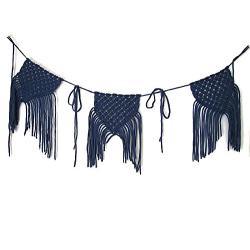 Macrame wall hanging banner. Blue bunting hanger.