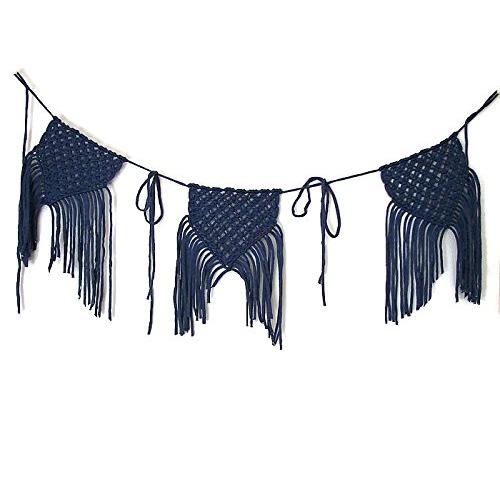 Macrame wall hanging banner. Blue bunting hanger.