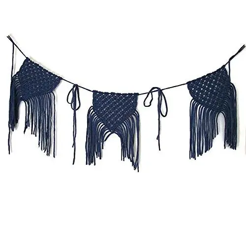 Macrame wall hanging banner. Blue bunting hanger. Macrame wall hanging banner. Blue bunting hanger.