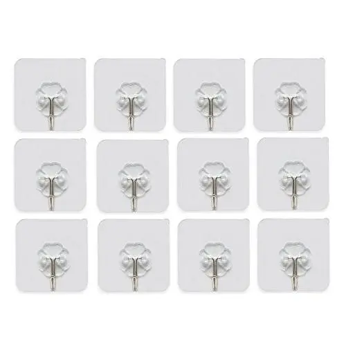Wall Hooks Self Adhesive Wall Hanging Hooks Stick On Hooks Ceiling Hanger Damage Free Hanging, Reusable Waterproof OilProof for Home, Bathroom, Kitchen, Refrigerator Door, Keys, Bags (Clear, 12 Pack)
