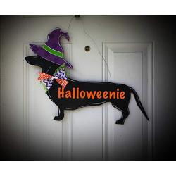 Halloween door hanger Halloweenie dachshound wreath