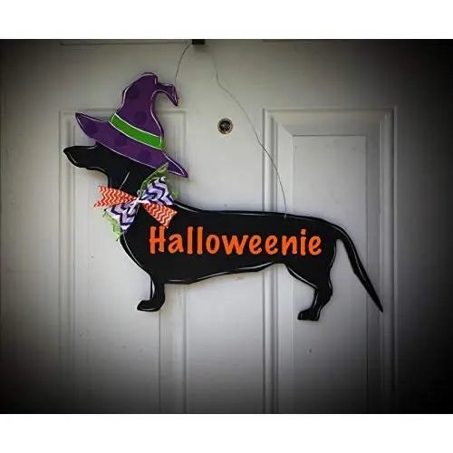 Halloween door hanger Halloweenie dachshound wreath