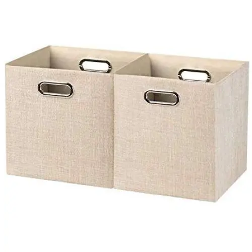 Foldable Storage Bins with Dual Metallic Handles[2-Pack], Storage Boxes Cubes, Container Organizer Baskets, Fabric Drawers for Clothes, Thick Cloth with Shimmer, 11×11×11, Creamy White