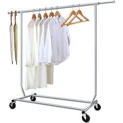 Camabel Clothing Garment Rack Heavy Duty Capacity 300 lbs Adjustable Rolling Commercial Grade Steel Extendable Hanger Drying Organizer Chrome Finish Storage Shelf With Wheels, Single Rod