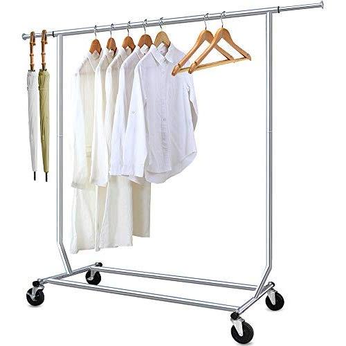 Camabel Clothing Garment Rack Heavy Duty Capacity 300 lbs Adjustable Rolling Commercial Grade Steel Extendable Hanger Drying Organizer Chrome Finish Storage Shelf With Wheels, Single Rod