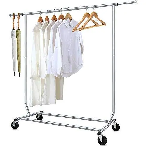 Camabel Clothing Garment Rack Heavy Duty Capacity 300 lbs Adjustable Rolling Commercial Grade Steel Extendable Hanger Drying Organizer Chrome Finish Storage Shelf With Wheels, Single Rod
