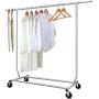 Camabel Clothing Garment Rack Heavy Duty Capacity 300 lbs Adjustable Rolling Commercial Grade Steel Extendable Hanger Drying Organizer Chrome Finish Storage Shelf With Wheels, Single Rod