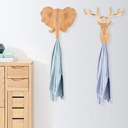 SOPRETY Animal Shaped Coat Hooks Elephant Deer Head Hooks 2pcs Wall Mounted Creative Hanger Decoration 3D Wall Hooks for Keys, Bags, Clothes, Towel, Living Room, Bedroom, Bathroom, Wood Grain
