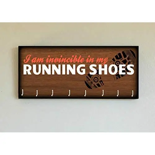 Race Medal Holder/Running Medal Hanger I AM INVINCIBLE IN MY RUNNING SHOES- Wood Wall Mounted Medal Organizer. CUSTOMIZATION Available Race Medal Holder/Running Medal Hanger I AM INVINCIBLE IN MY RUNNING SHOES- Wood Wall Mounted Medal Organizer. CUSTOMIZATION Available