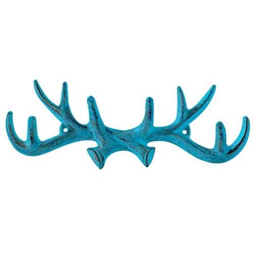 Comfify Vintage Cast Iron Deer Antlers Wall Hooks Antique Finish Metal Clothes Hanger Rack w/Hooks | Includes Screws and Anchors | in Blue
