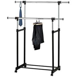 Modern Chrome Plated Garment Rack with Adjustable Telescopic Double Rail/Rolling Clothes Hanger, Black