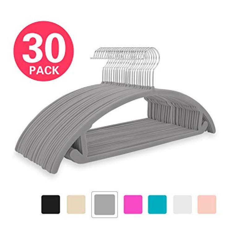 Velvet Hangers Non Slip Flocked Grey x 30 Heavy Duty With Trouser & Tie Bar