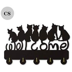 Cat Welcome Design Key Hook Wall Door Clothes Coat Hat Hanger Key Holder with 5 Hooks Strong Adhesive Sticker Wood Hooks(P2)