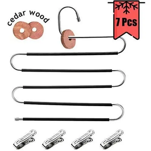 DailyTreasures S-Shaped Pants Hangers, Stainless Steel 5 Layer S-Type Clothes Hangers with 4 Clips + 2 Cedar Rings, Non Slip Trouser Hanger for Jeans, Scarf, Tie, Clothes, Closet Space Saving DailyTreasures S-Shaped Pants Hangers, Stainless Steel 5 Layer S-Type Clothes Hangers with 4 Clips + 2 Cedar Rings, Non Slip Trouser Hanger for Jeans, Scarf, Tie, Clothes, Closet Space Saving