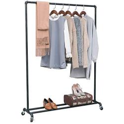 Industrial Iron Pipe Clothing Rack,63in Black Dress Clothing Retail Display Rack,Vintage Commercial Grade Pipe Clothes Racks on Wheels,Metal Ballet Rolling Racks Garment Racks