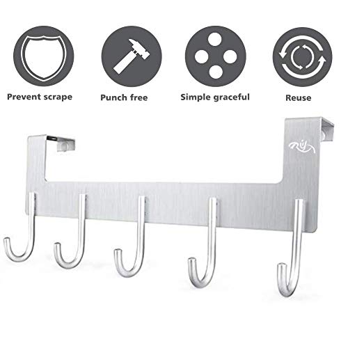 Rongyuxuan Over Door Hooks, Punch Free Over The Door Hanger Organizer for Clothes, Towels, Bag, Robe, Umbrella - Aluminum Home Storage Organizer with 5 Hooks (Silver)