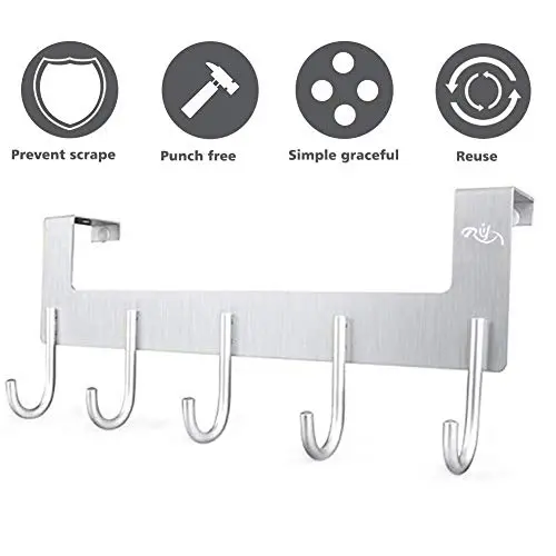 Rongyuxuan Over Door Hooks, Punch Free Over The Door Hanger Organizer for Clothes, Towels, Bag, Robe, Umbrella - Aluminum Home Storage Organizer with 5 Hooks (Silver) Rongyuxuan Over Door Hooks, Punch Free Over The Door Hanger Organizer for Clothes, Towels, Bag, Robe, Umbrella - Aluminum Home Storage Organizer with 5 Hooks (Silver)