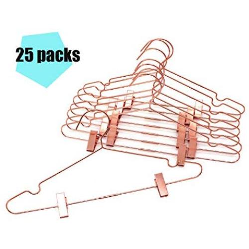 KOOBAY 25PS 42cm Rose Copper Gold Shiny Steel Wire Clothes Clips Hanger Coat Clothes Garment Hangers with Pants Bar Fit Closet Hangers