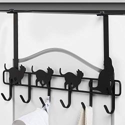 Over Door Hooks, LUXEAR Adjustable Over Door Hangers 6 Hooks Removable Lovely Cat Design for Coat, Towel, Bag Robe Easy Install Space Saving Bathroom Bedroom Over The Door Hooks Black Matte Paint Iron