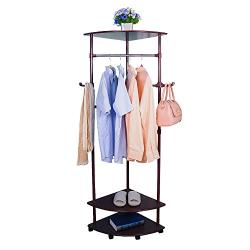 BAOYOUNI Vintage Corner Coat Rack Stand Clothes Garment Hanger Bar Holder Entryway Hall Tree on Wheels with 2-Tier Shoes Storage Shelf and Bag Hooks