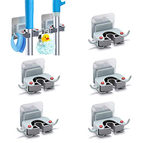 Senrob Broom Holder Wall Mount 5 Pack,Self Adhesive Mop Holder Clamp Organizer Hanger Rack