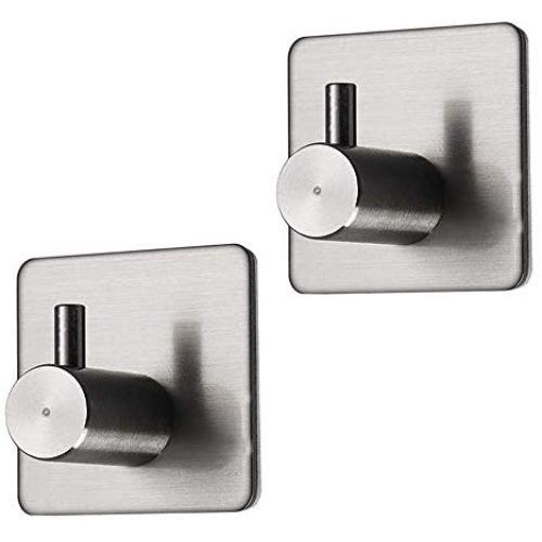 ousun Self Adhesive Wall Hooks for Kitchen Heavy Duty,Waterproof Hanger for Bobe,Keys,Bags, Strong Stick on Bathroom Wall & Door, Brushed Stainless Steel Towel Hook Coat Hook for Home & Office,2 Pack