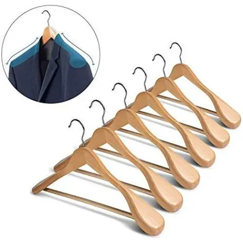 6Pcs Wide Shoulder Solid Wood Hotel Vintage Storage Luxury Business Suit Home Clothes Hanger Adult Organizer Store Cabinet,Light Brown