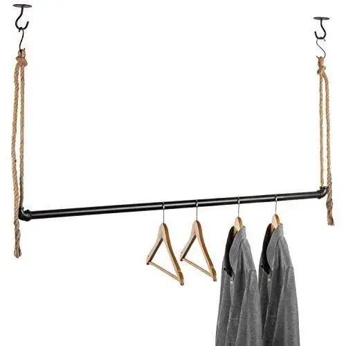 MyGift 48 Inch Industrial Black Metal Pipe and Adjustable Rope Hanging Garment Rack Retail Clothing Display MyGift 48 Inch Industrial Black Metal Pipe and Adjustable Rope Hanging Garment Rack Retail Clothing Display