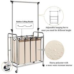 Bonnlo 4-Bag Laundry Sorter with Hanging Bar, Heavy-Duty Wheels, Removable Bags and Brake Carters, Beige