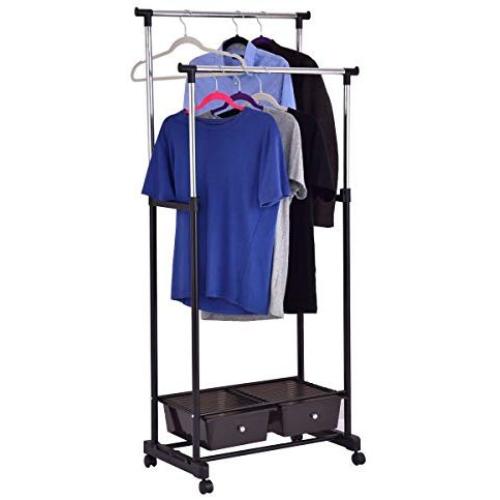 ShopForAllYou Clothes Garment Rack Double Rod Adjustable Clothes Hanger Garment Rack Organizer Rolling w/ 2 Drawers