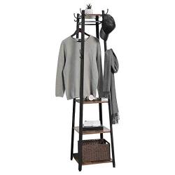 Rusilay Simple Retro Style Floor Coat Rack Bedroom Hanger,Industrial Coat Rack Entryway Clothes Laundry Coat Stand with 8 Hooks 3 Shelves,70.9 X 17.7 X 17.7 Inches