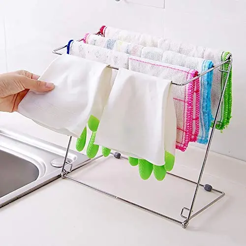 Stainless Steel Folding Towel Stand Rack Towel Hanging Holder 4 Layers Kitchen Washing Cloth Draining Rack Shelf Dishcloth Storage Hanger Shelf Bathroom Kitchen Organizer Accessories