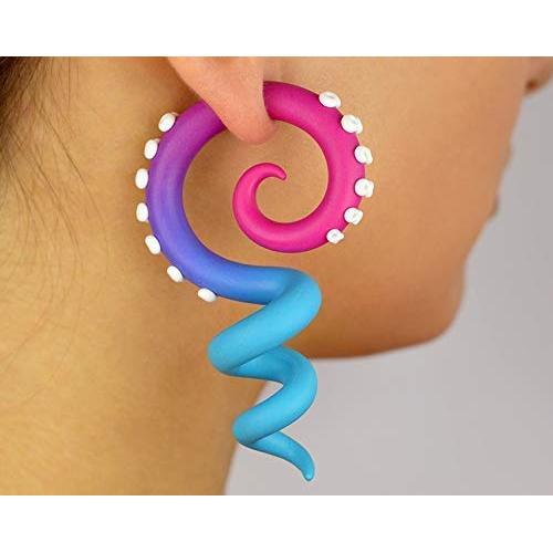 Tentacle Earrings Spiral Octopus Fake Gauges Ear Stud Actual True Tunnels Cheater Stretchers Hangers 2g 0g 00g Real Tapers Piercing Faux Body Jewelry Disney Stretched Lobes Gauged Weights Plugs Goth