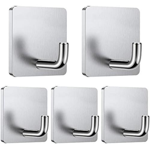 GOANDO 5 Pack Adhesive Hooks 3M Heavy Duty Wall Hook Towel Hooks and Coat Hooks Stick on Cabinet Doors Stainless Steel Self Adhesive Holders for Hanging Bathroom Kitchen Command Hooks