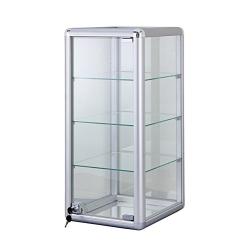 Only Hangers Elegant Silver Anodized Aluminum Vertical Display Case Table Top Tempered Glass Show Case. Tempered Glass Door with Key Lock- Four Shelves Display