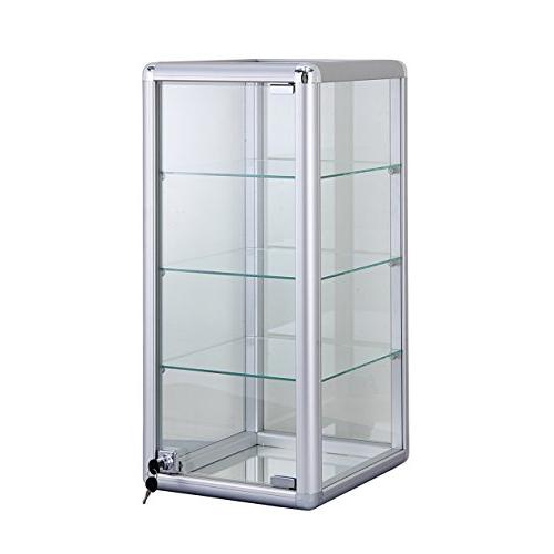 Only Hangers Elegant Silver Anodized Aluminum Vertical Display Case Table Top Tempered Glass Show Case. Tempered Glass Door with Key Lock- Four Shelves Display