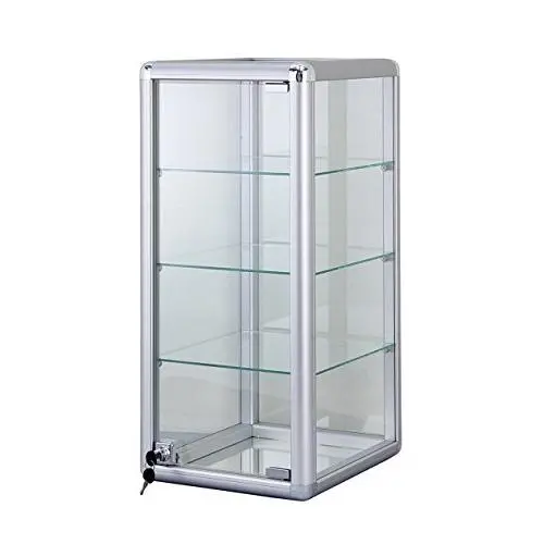 Only Hangers Elegant Silver Anodized Aluminum Vertical Display Case Table Top Tempered Glass Show Case. Tempered Glass Door with Key Lock- Four Shelves Display