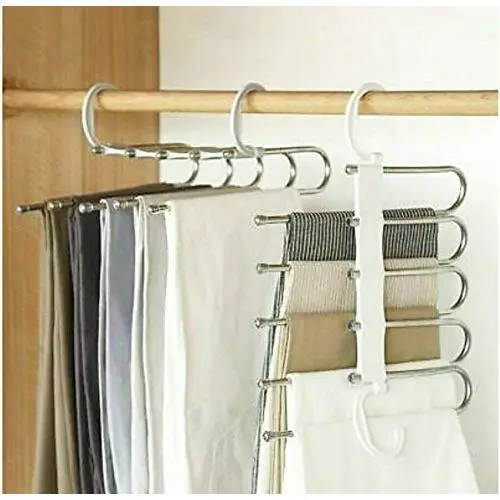 5pcs Random Color 5 in 1 Pant Rack Shelves Stainless Steel Clothes Hangers Multi-Functional Wardrobe Magic Hanger
