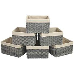 SONGMICS Storage Bins, Set of 6 Rattan-Style Storage Baskets, Decorative Bins with Cotton Liner for Shelf, Toy Organizer for Bedroom Closet Laundry Room, 15.8 x 11.8 x 9.8 Inches, Gray URRB256WG