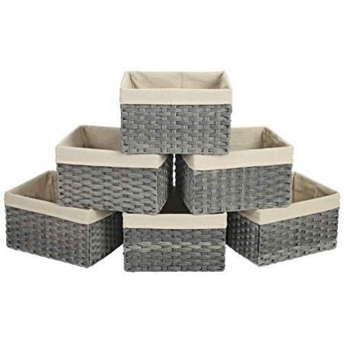 SONGMICS Storage Bins, Set of 6 Rattan-Style Storage Baskets, Decorative Bins with Cotton Liner for Shelf, Toy Organizer for Bedroom Closet Laundry Room, 15.8 x 11.8 x 9.8 Inches, Gray URRB256WG