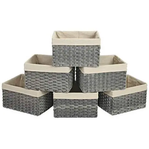 SONGMICS Storage Bins, Set of 6 Rattan-Style Storage Baskets, Decorative Bins with Cotton Liner for Shelf, Toy Organizer for Bedroom Closet Laundry Room, 15.8 x 11.8 x 9.8 Inches, Gray URRB256WG SONGMICS Storage Bins, Set of 6 Rattan-Style Storage Baskets, Decorative Bins with Cotton Liner for Shelf, Toy Organizer for Bedroom Closet Laundry Room, 15.8 x 11.8 x 9.8 Inches, Gray URRB256WG