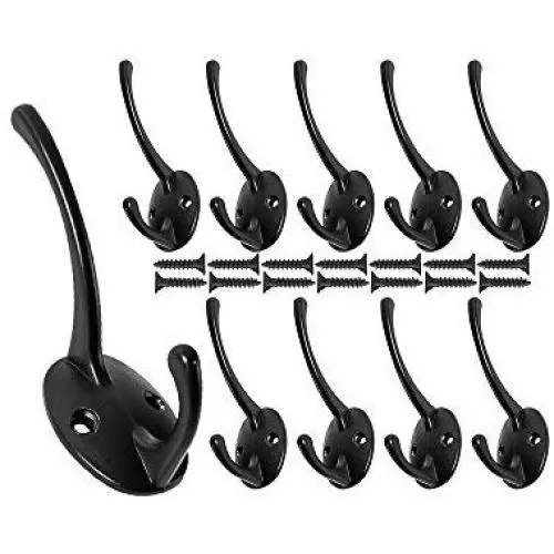 Misszone 10 PCS Dual Coat Hook Single Large Wall Mounted Robe Hat Clothes Towel Hanger for Bathroom Kitchen Bedroom (Black)