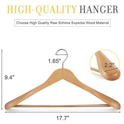 TOPIA HANGER Set of 6 Luxury Natural Wooden Coat Hangers, Premium Wood Suit Hangers, Glossy Finish with Extra-Wide Shoulder, Thicker Chrome Hooks & Anti-Slip Bar CT02N