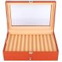 Pen Display Boxes 24 Piece Black Leather Flannel Pen Organizer Box,Glass Pen Display Case Storage Boxes with Lid,Top Glass Window Two Level Display Case with Drawer Pen Collection Display Case (Orange)